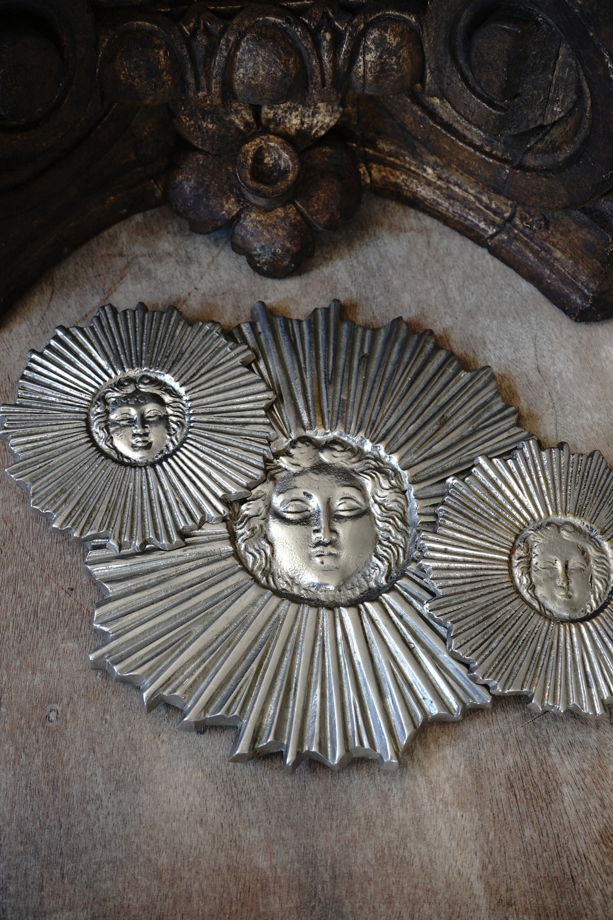 MCM Silver Plated Bronze Sunburst Trivet Coaster Set (3)