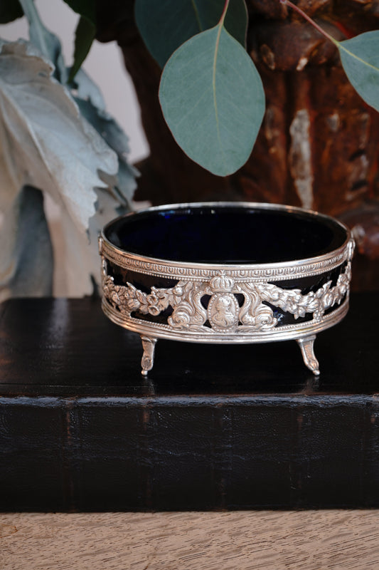 Antique Sterling Silver Salt Cellar with Cobalt Glass Insert