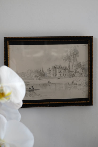 Antique Petite Castle Estate Drawing Circa 1880