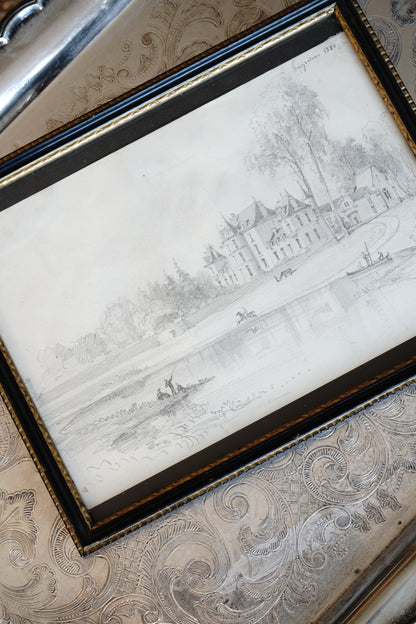 Antique Petite Castle Estate Drawing Circa 1880