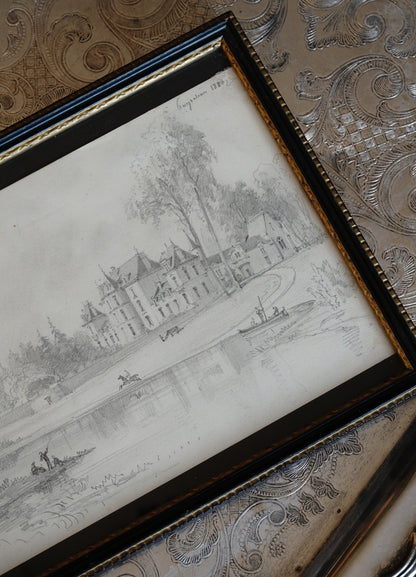 Antique Petite Castle Estate Drawing Circa 1880
