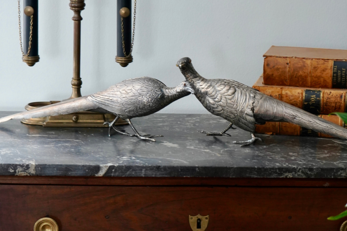 Antique Pair of Sterling Silver Pheasants