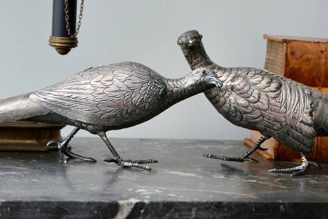 Antique Pair of Sterling Silver Pheasants