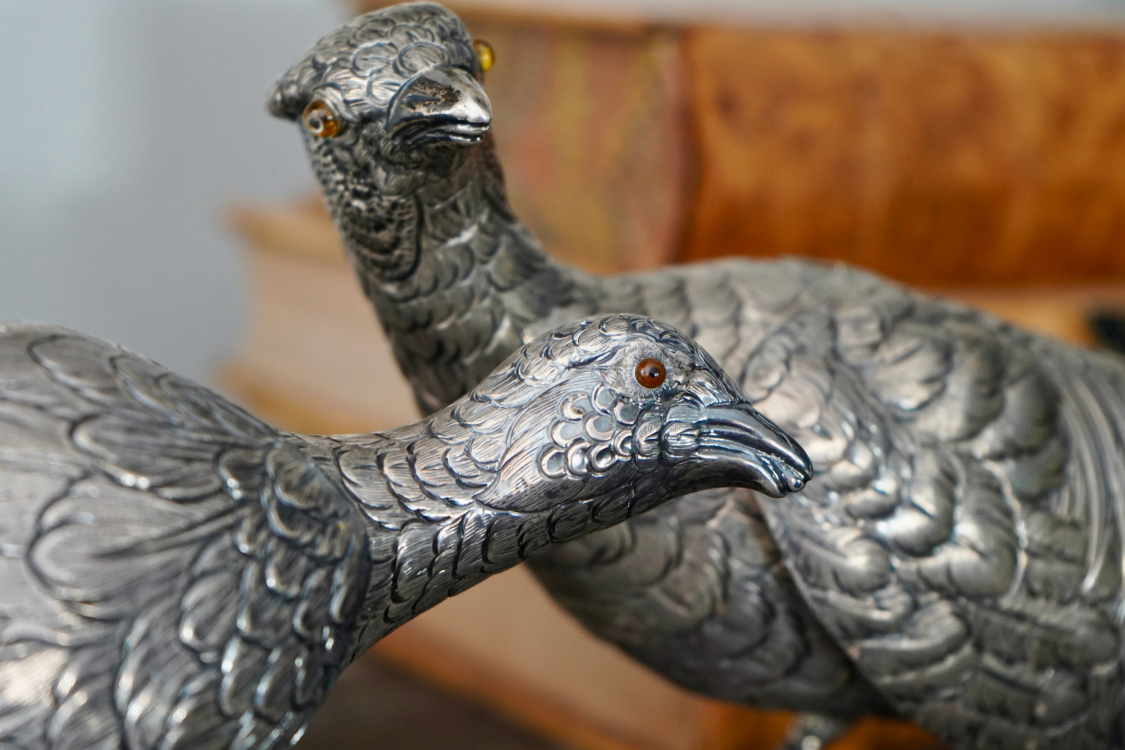Antique Pair of Sterling Silver Pheasants