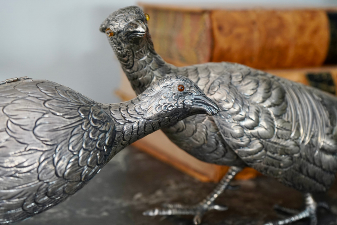 Antique Pair of Sterling Silver Pheasants