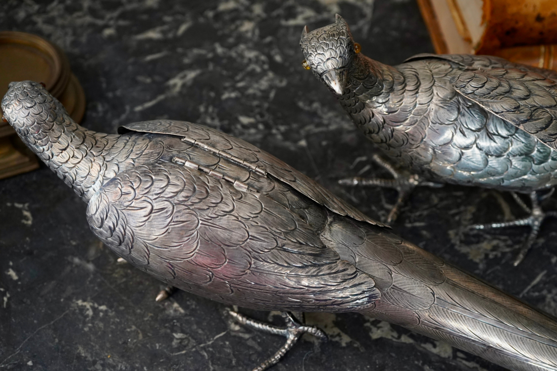 Antique Pair of Sterling Silver Pheasants